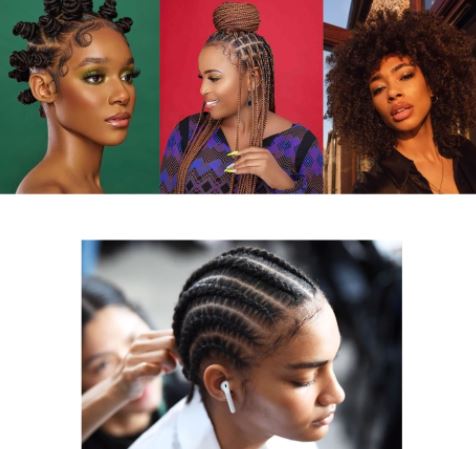 Image features hairstyles including Bantu knots, box braids, Afro, and cornrows.  